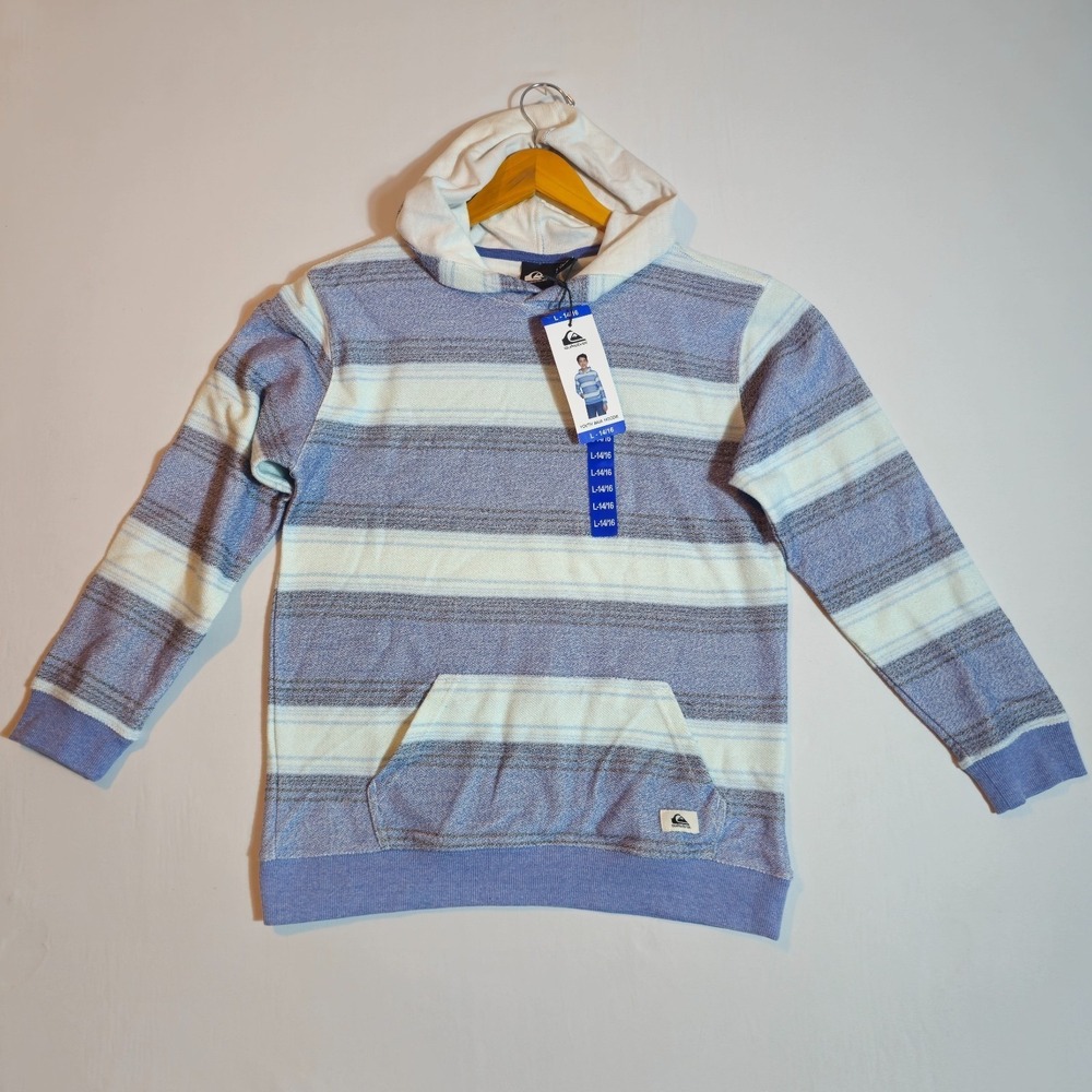 Quiksilver Baja Hoodie Youth L Blue Striped Kangaroo Pocket Long Sleeve Pullover